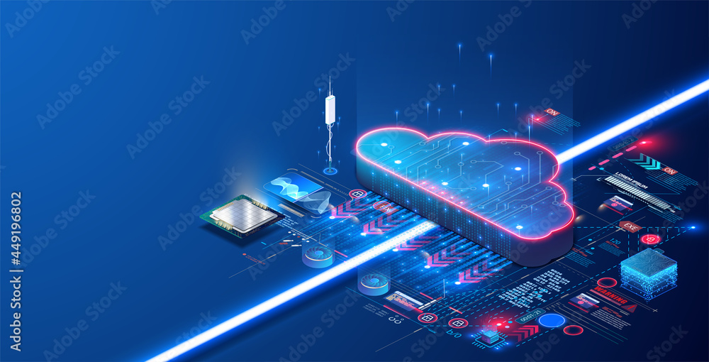 Poster cloud computing, big data. the concept of a data processing center, a cloud database, a server power