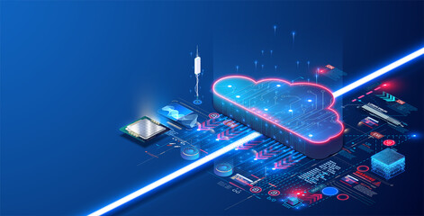 Cloud computing, big data. The concept of a data processing center, a cloud database, a server power plant of future. Digital information technologies. devices with online database. Stock illustration