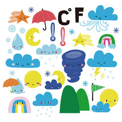 Fototapeta premium Set of carton weather graphic. Childish cute clip art. Vecto hand drawn illustration.