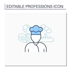 Baker line icon. Man bakes bread, cakes, buns. Special uniform. Important job. Professions concept. Isolated vector illustration.Editable stroke