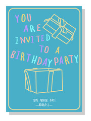 Vector illustration of cute birthday party invitation card and opened gift box on blue background. minimal design concept.