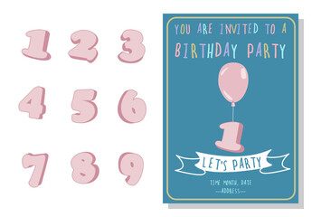 Vector illustration of cute birthday anniversary numbers with balloon and banner party invitation card on dark blue background. minimal design concept.