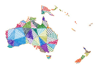 Kid style map of Oceania. Hand drawn polygons in the shape of Oceania. Vector illustration.
