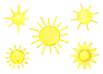 Watercolor set of yellow sun isolated on a white background