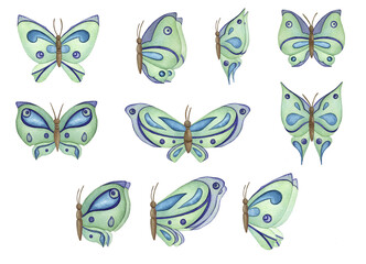 Watercolor Blue Green Butterflies isolated on a white background.