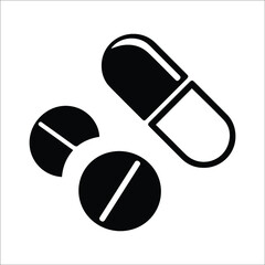 Drugs, medicine, pill icon. Black vector design.