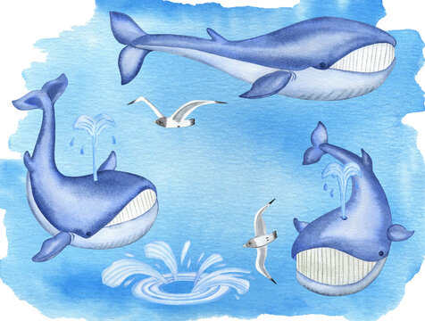 Watercolor Blue Whales and seagull birds on blue background