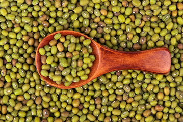 Green mung bean scattered in a scoop on white background