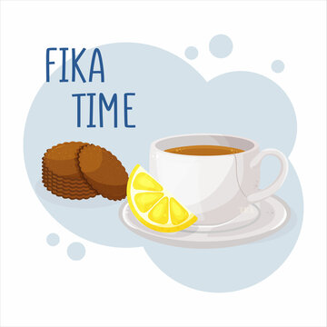 Cup of coffee or tea and pepparkakor. Coffee break fika concept. Isolated hand drawn vector of cute breakfast food.