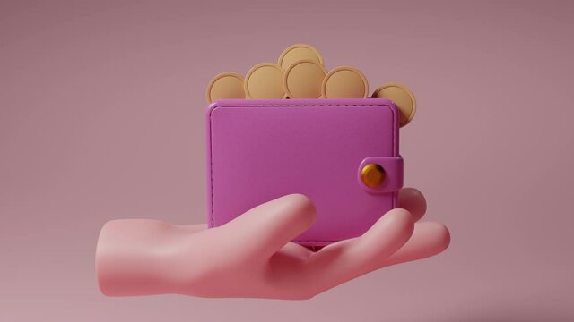 3D Hand holding wallet, coins falling