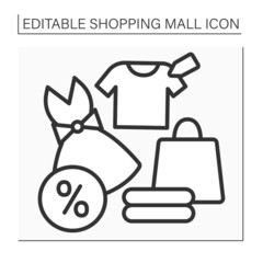 Fashion boutique line icon. Trendy clothes on sale. Casual dresses and shirts at discount. Profitable purchases. Shopping mall concept. Isolated vector illustration. Editable stroke