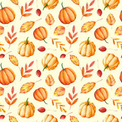 Autumn leaves and pumpkins seamless pattern. Watercolor orange botanical repeat print on ivory colored background. Fall nature background for textile, wallpaper, wrapping paper, fabric and decoration.