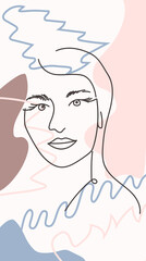 modern poster with illustration of portrait and tropical leaf one line. For wallpaper, posters, textile print, greeting card template, social media post