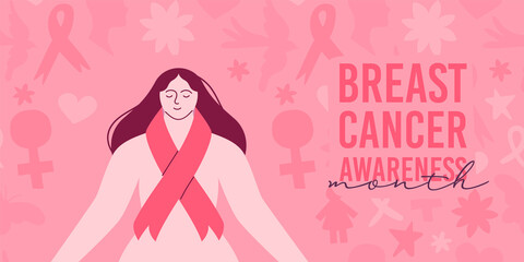 Breast Cancer Awareness month pink ribbon woman