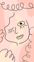 modern poster with illustration of portrait and tropical leaf one line. For wallpaper, posters, textile print, greeting card template, social media post