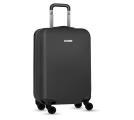 Travel suitcase isolated. Set of black plastic luggage or vacation baggage bag on white background. Design of summer vacation holiday concept.