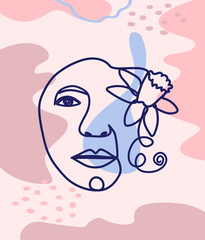 Woman face with flowers one line drawing. Half of the face is a flower. Continuous line drawing art. Nature cosmetics.