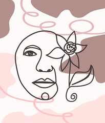 Woman face with flowers one line drawing. Half of the face is a flower. Continuous line drawing art. Nature cosmetics.