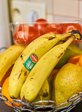 POZNAN, POLAND - Jul 08, 2021: Fresh Del Monte Banana In A Fruit Basket.