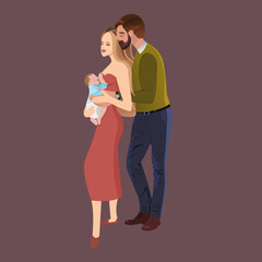 The husband hugs his wife with the baby.  Happy married couple