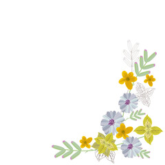 vignette (frame) of cute garden flowers for postcards, business cards, invitations or greetings, illustration