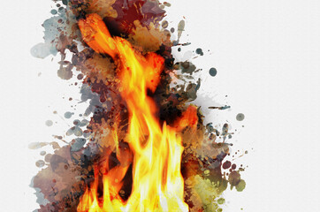 Digital watercolor painting of fire flames. Yellow-red tongues o