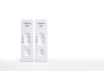 Rapid antigen test cassette for Covid-19 isolate  Showing positive and negative result .Laboratory equipment with clipping path put on background