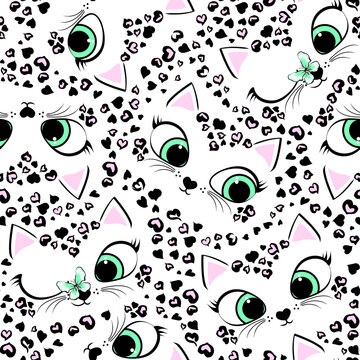 Leopard from hearts and kitten cute faces seamless pattern. Vector illustration.