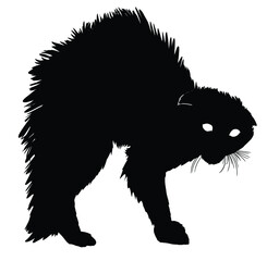 A terrified silhouette of a cat reared up in a semicircle, bristling every hair on its back and tail, its eyes shining brightly with white light in the dark. 2d art on a white background