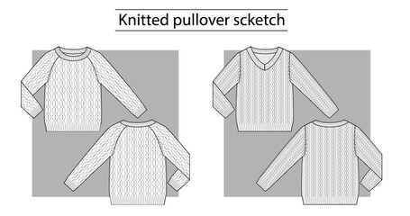 Knitted cardigan v-neck and round-neck with braids. Technical scketch.