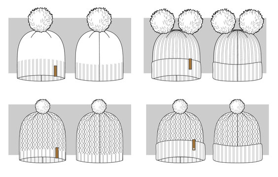 Knitted winter hats set of technical sketches. Vector illustration.