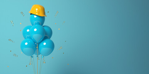 Air balloons with a protective helmet on a blue background.
3D render template for the Builder's Day, Labor Day, the building company anniversary or a new project start banner. - obrazy, fototapety, plakaty
