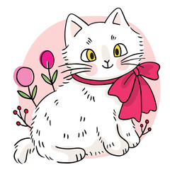 Hand draw cartoon cute white cat and sweet flower vector.