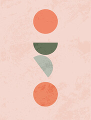 Modern abstract poster with texture. Circles and semicircles. Green and coral.