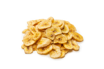 Banana chips isolated on a white background. Dehydrated banana.