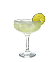 Glass of cold daiquiri cocktail on white background