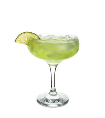 Glass of cold daiquiri cocktail on white background