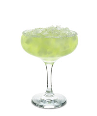 Glass of cold daiquiri cocktail on white background