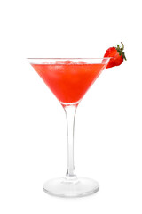Glass of strawberry daiquiri cocktail on white background