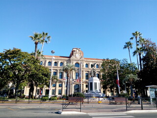 Panoramic view Town Hall of Cannes in the morning sun light. Scenic France country on a sunny summer day. Wonderful journey to Azure Coast in French Riviera.