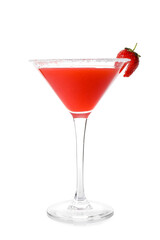 Glass of strawberry daiquiri cocktail on white background