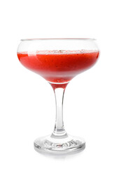 Glass of strawberry daiquiri cocktail on white background