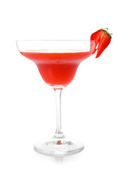 Glass of strawberry daiquiri cocktail on white background