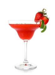 Glass of strawberry daiquiri cocktail on white background