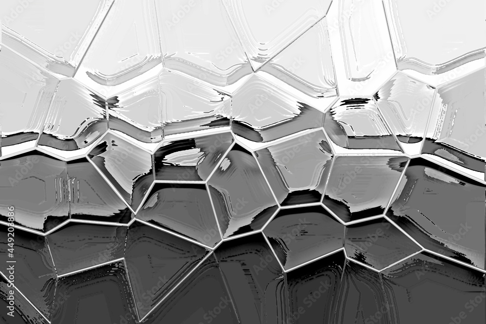 Poster Abstract metal texture. Background with hexagons. Stylish web image for creative design of layout. Black backdrop and light gray pattern. Cool simple art deco.