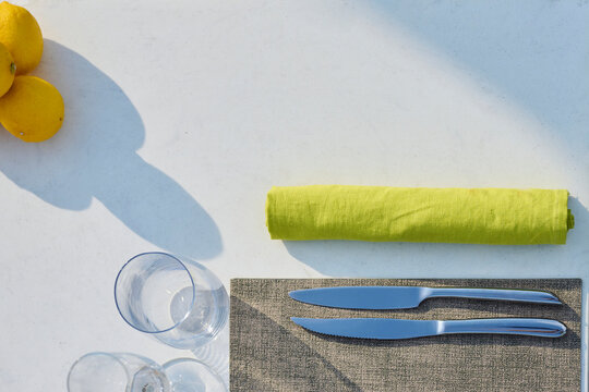 Table set up at outdoor high cuisine restaurant