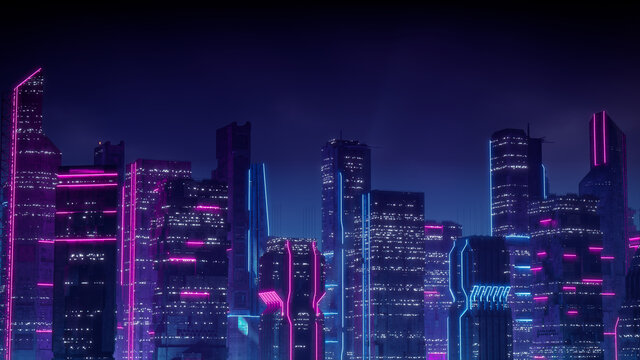Sci-fi Metropolis with Blue and Pink Neon lights. Night scene with Advanced Architecture.