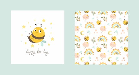 Set of postcards with a cute bee. Flat style, summer background with an inscription. Vector illustration.