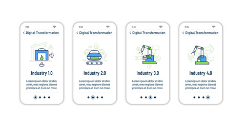 Digital transformation onboarding mobile app screens.Modern technologies. Digitalization. Future. Digital revolution steps menu. Set of UI, UX, web template with RGB color linear icons