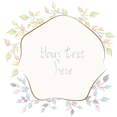 Fototapeta na wymiar Vector frame from drawn leaves with ornament. Space for text isolated on light background. Vector illustration